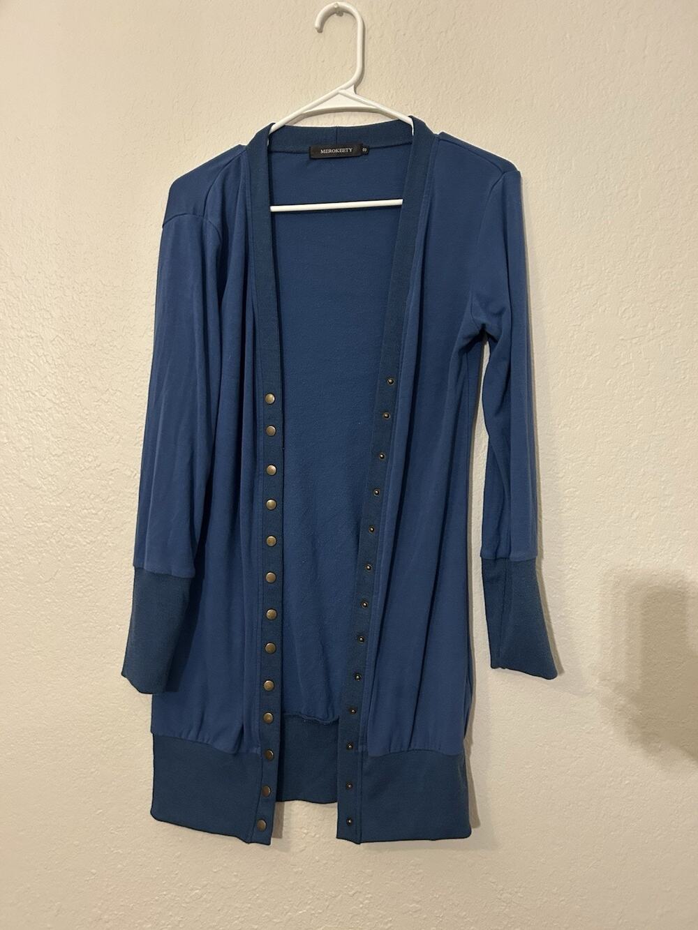 MEROKEETY Women's Blue Solid Knit Long Sleeve Button Open-Front Cardigan S